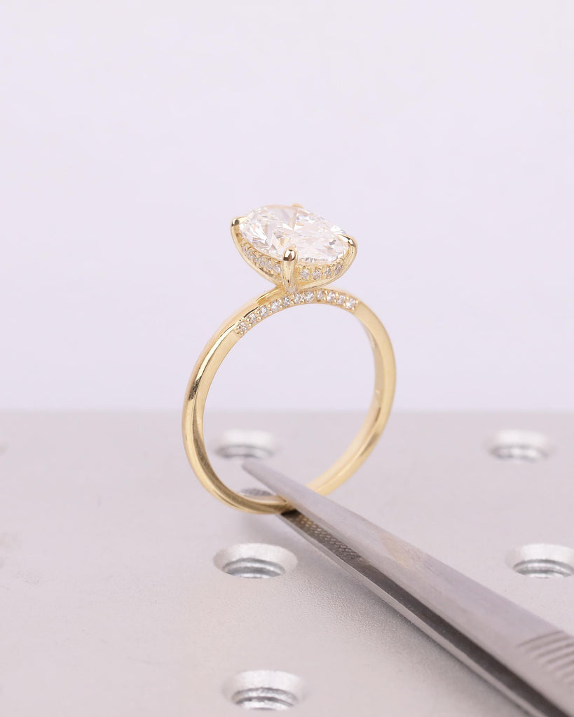 Oval Lab Diamond Engagement Ring, Hidden Halo 18k Gold, Solitaire Statement Ring image #16