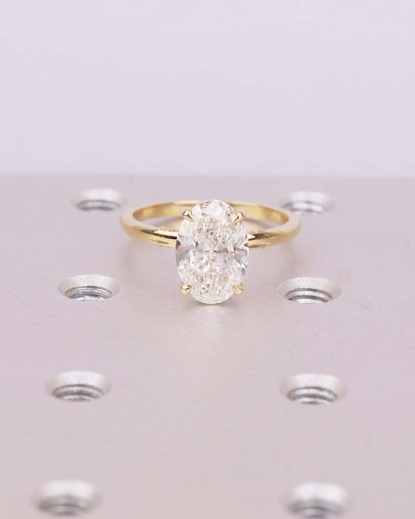 Oval Lab Diamond Engagement Ring, Hidden Halo 18k Gold, Solitaire Statement Ring image #13