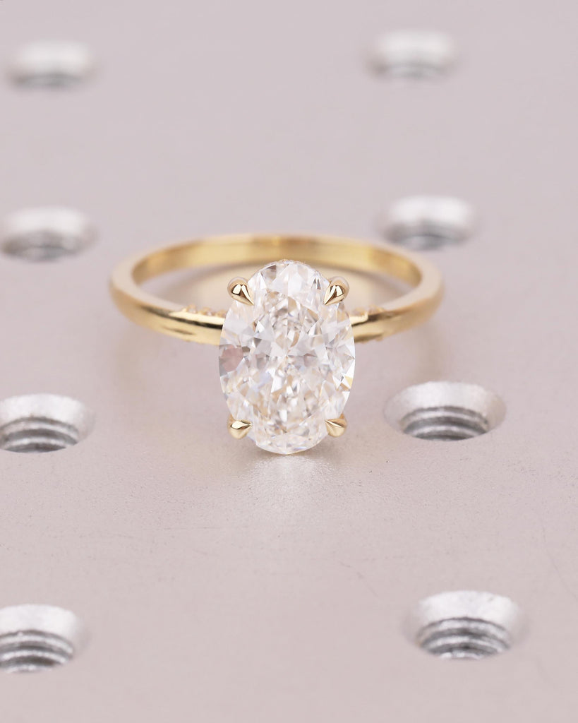 Oval Lab Diamond Engagement Ring, Hidden Halo 18k Gold, Solitaire Statement Ring image #9