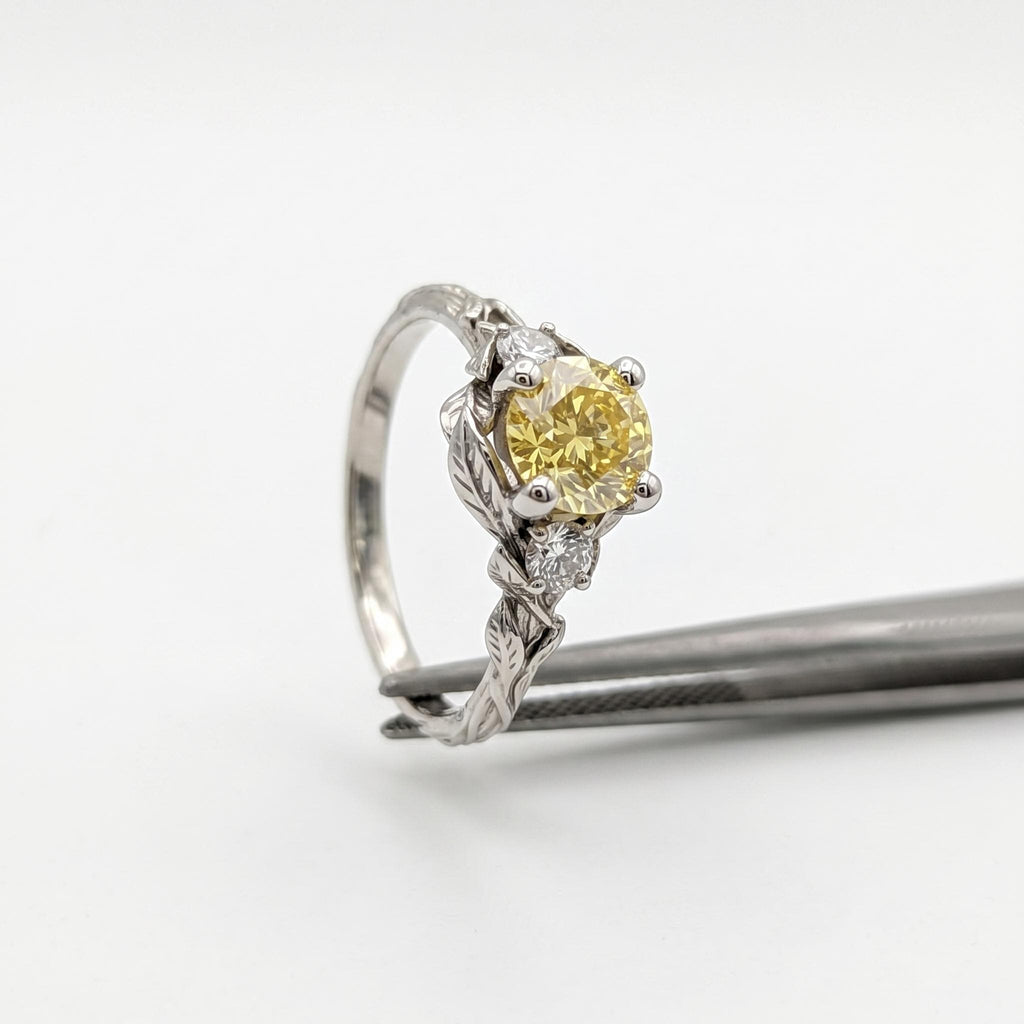 Nature Inspired Yellow Diamond Engagement Ring | Leaves Band Round Lab Diamond Wedding Ring | Leaf Vine Branch Alternative Engagement Ring image #4