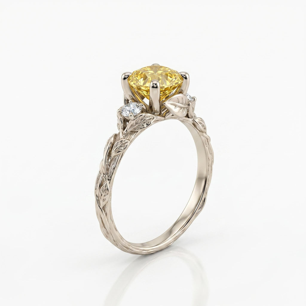 Nature Inspired Yellow Diamond Engagement Ring | Leaves Band Round Lab Diamond Wedding Ring | Leaf Vine Branch Alternative Engagement Ring image #5