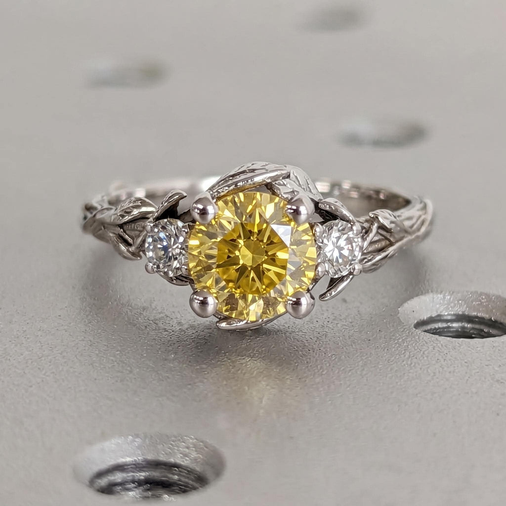 Nature Inspired Yellow Diamond Engagement Ring | Leaves Band Round Lab Diamond Wedding Ring | Leaf Vine Branch Alternative Engagement Ring image #3