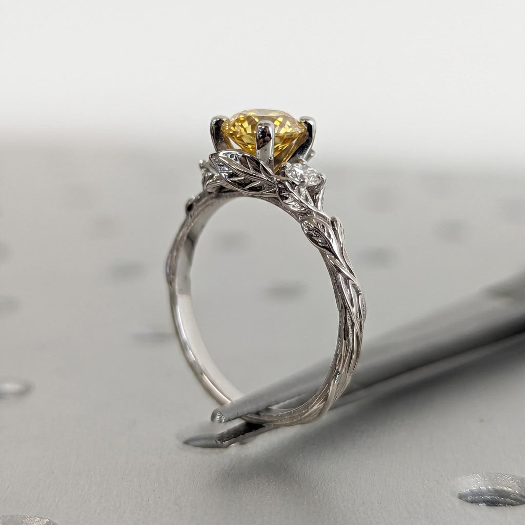 Nature Inspired Yellow Diamond Engagement Ring | Leaves Band Round Lab Diamond Wedding Ring | Leaf Vine Branch Alternative Engagement Ring image #1