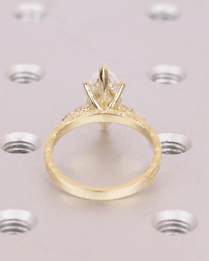 Marquise Moissanite Engagement Ring in 14k Solid Gold, Hidden Halo Ring, Vine Engraved Band image #6