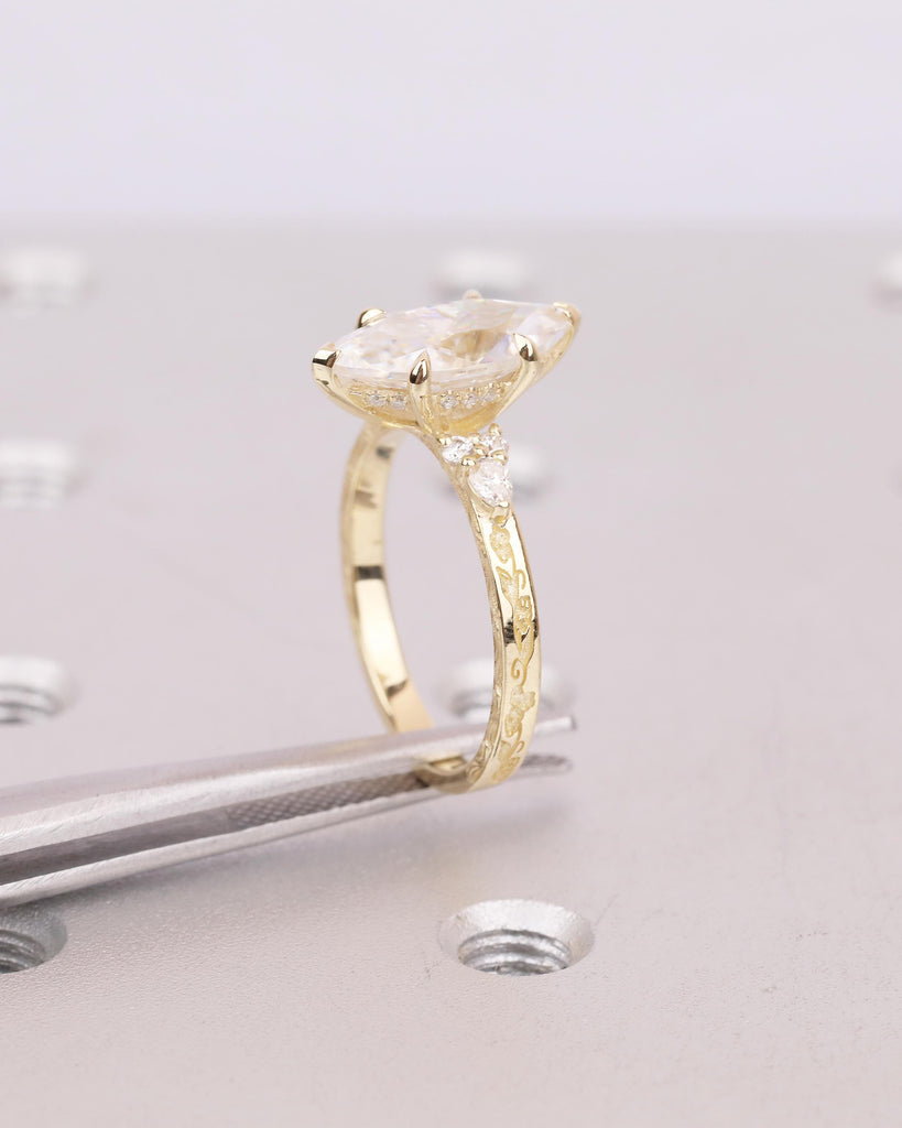 Marquise Diamond Ring, Hidden Halo Engagement Ring, Art Deco 18k/14k Gold Lab Created Diamond Wedding Anniversary Ring, Leaf Engraved Band image #7