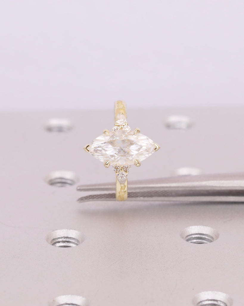 Marquise Diamond Ring, Hidden Halo Engagement Ring, Art Deco 18k/14k Gold Lab Created Diamond Wedding Anniversary Ring, Leaf Engraved Band image #14