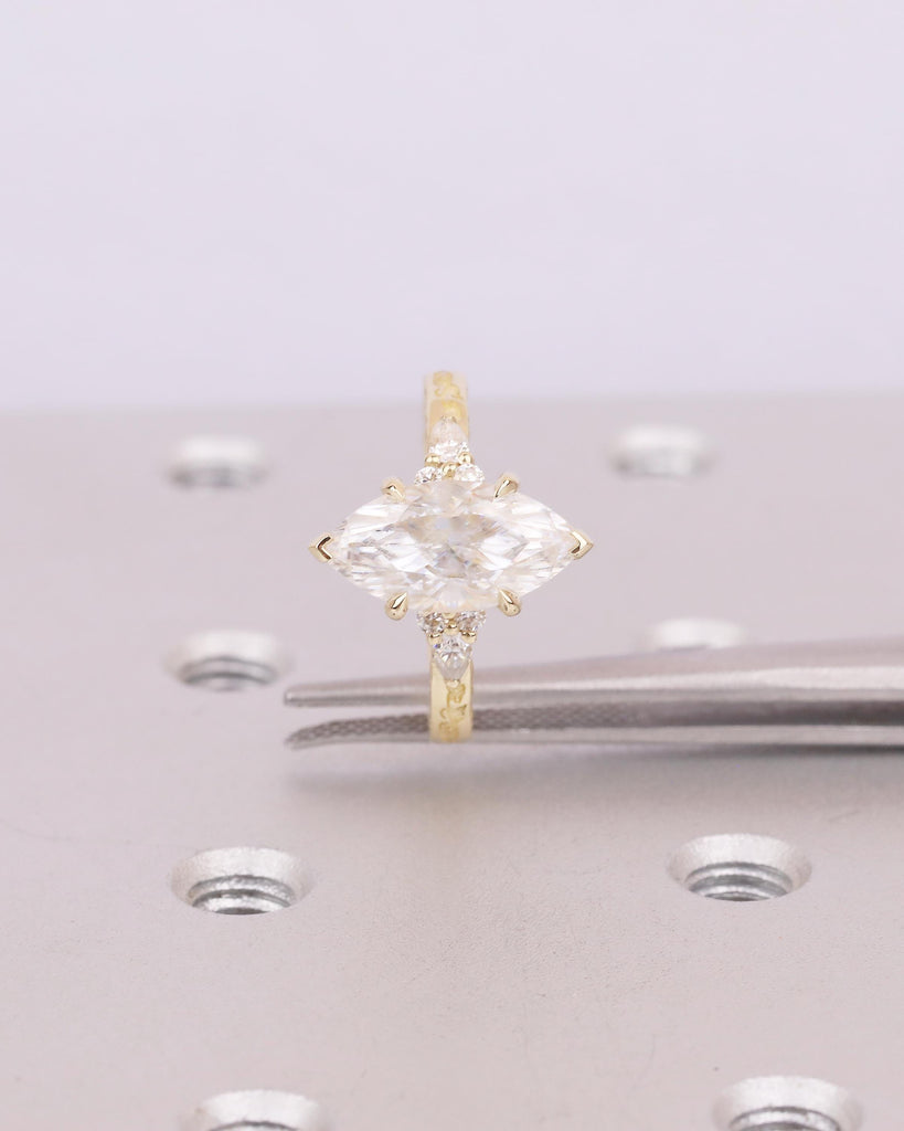 Lab Grown Diamond Hidden Halo Ring, 14k Solid Gold Marquise Engagement Ring, Nature Jewelry image #14