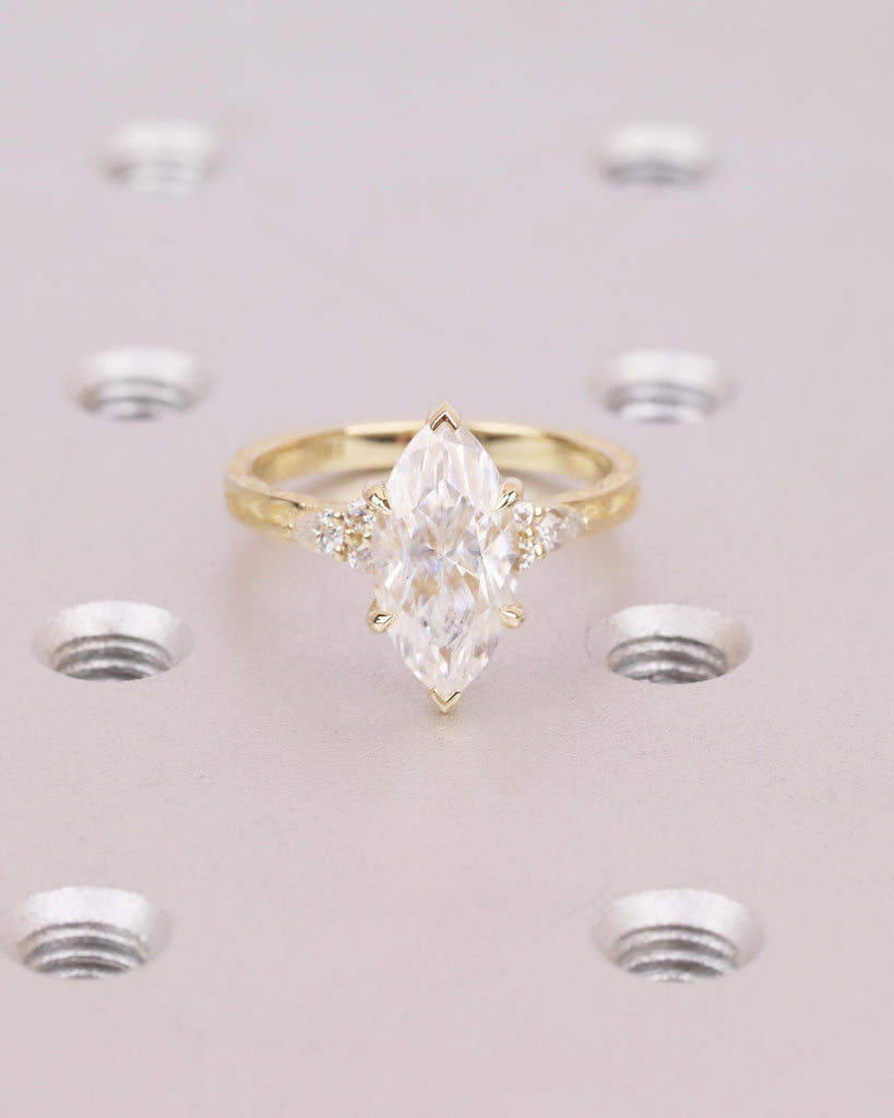 Marquise Diamond Ring, Hidden Halo Engagement Ring, Art Deco 18k/14k Gold Lab Created Diamond Wedding Anniversary Ring, Leaf Engraved Band image #13
