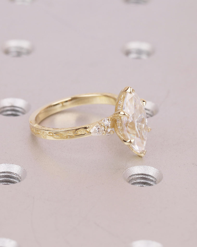 Marquise Diamond Ring, Hidden Halo Engagement Ring, Art Deco 18k/14k Gold Lab Created Diamond Wedding Anniversary Ring, Leaf Engraved Band image #2
