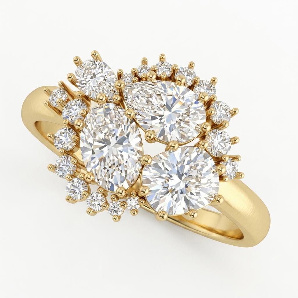 14k Gold Cluster Engagement Ring, Chunky Rings, IGI Certified Lab Created Diamond Ring image #3