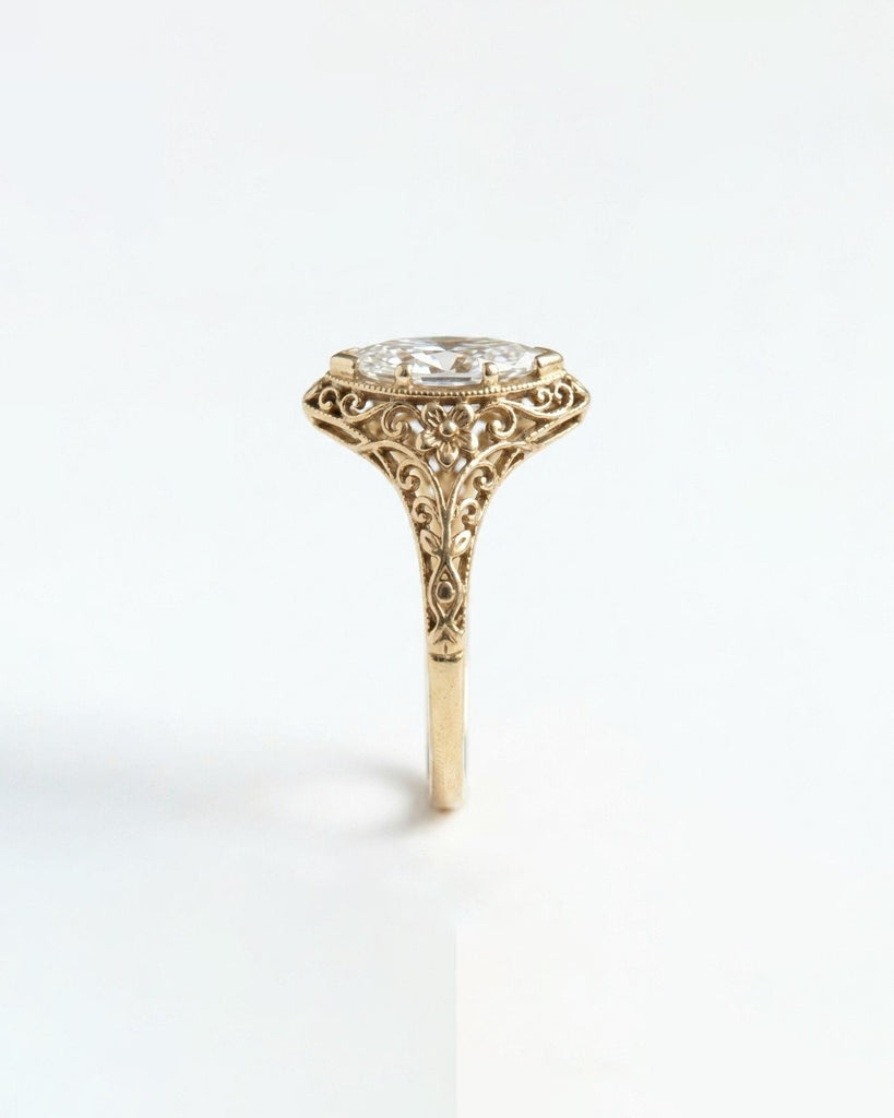 Vintage Engagement Ring, Heirloom IGI Certified Lab Created Diamond Marquise Ring, Milgrain Solid Gold Filigree Ring, Art Deco Floral Ring image #5