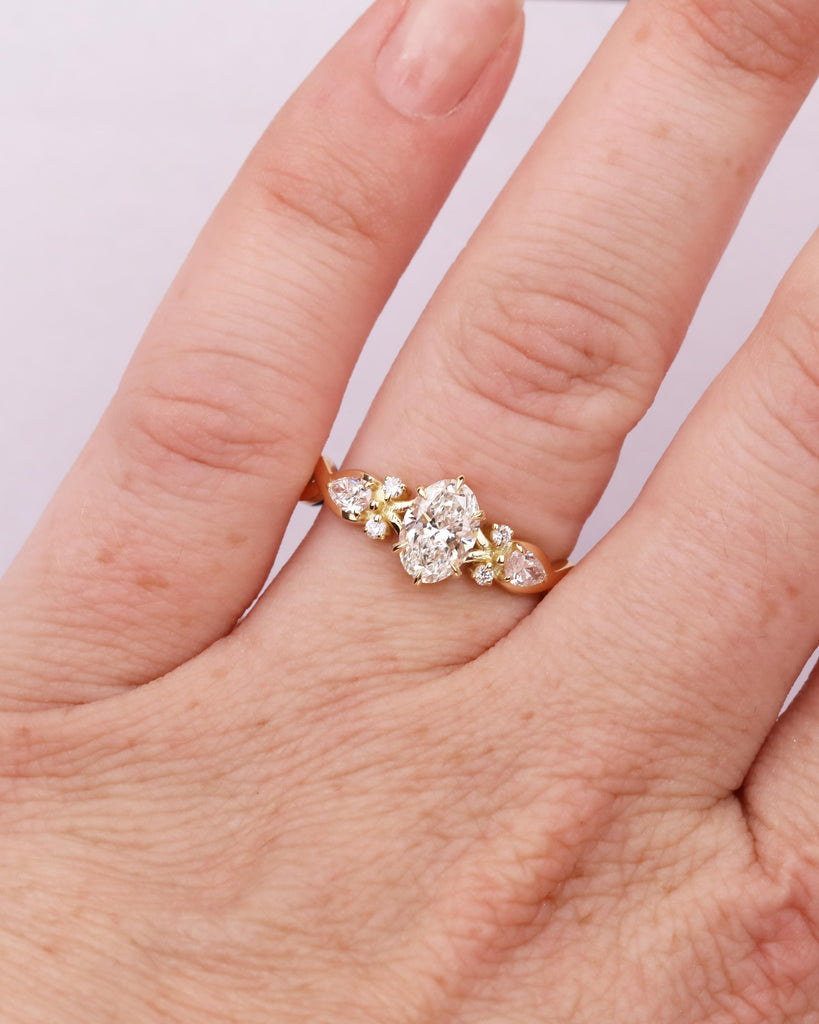 IGI Certified Lab Grown Diamond Ring, Oval Engagement Ring, 3/4 Eternity Twisted Ring with Side Pear Accents, 14K Gold, Promise Ring for Her image #2