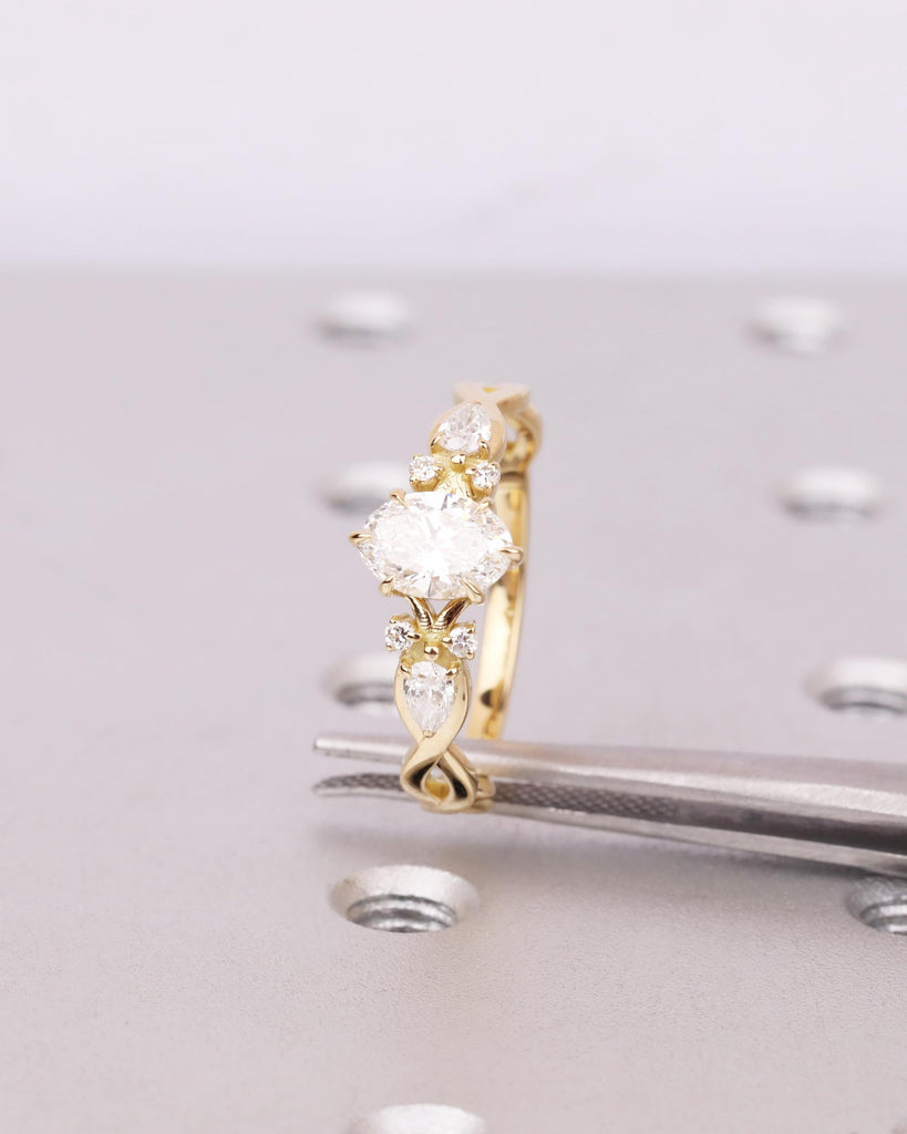 IGI Certified Lab Grown Diamond Ring, Oval Engagement Ring, 3/4 Eternity Twisted Ring with Side Pear Accents, 14K Gold, Promise Ring for Her image #7