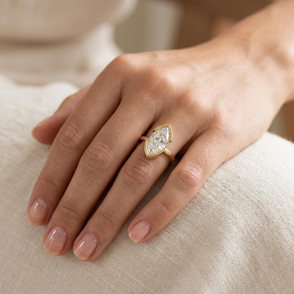 14k/18k Gold Half Bezel Ring | Lab Grown Diamond Unique Engagement Ring | Simple Promise Ring for Her | Anniversary Gift image #1