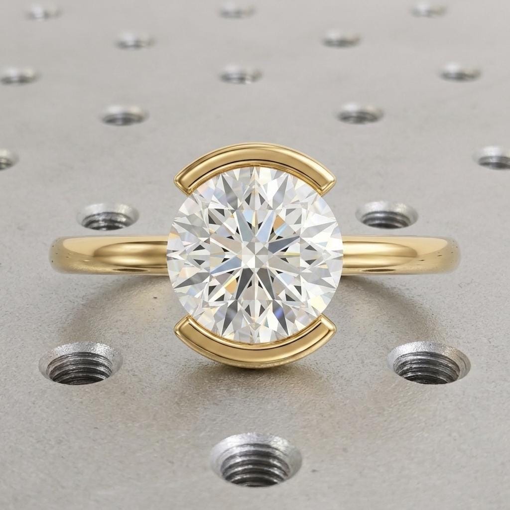 Lab Created Diamond Solitaire Half Bezel Ring | Solid Gold Custom Engagement Ring | Unique Proposal Rings for Women image #1