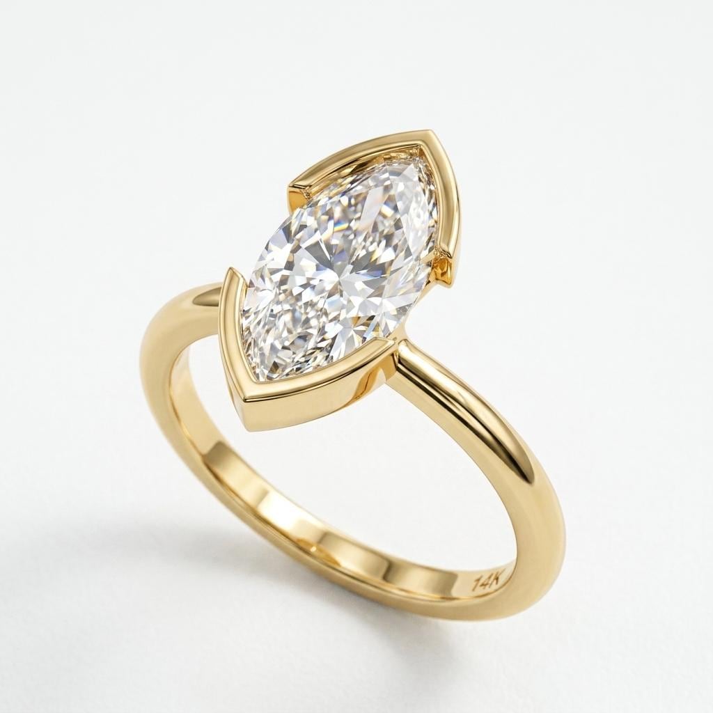 Marquise Moissanite Solitaire Engagement Rings for Women | 14k Gold Bezel Ring | Minimalist Jewelry Wedding Gift image #1