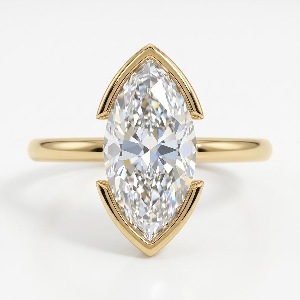 Solid Gold Half Bezel Ring | Unique Proposal Ring | 1-4ct Moissanite Bridal Jewelry | Anniversary Gift for Wife image #2