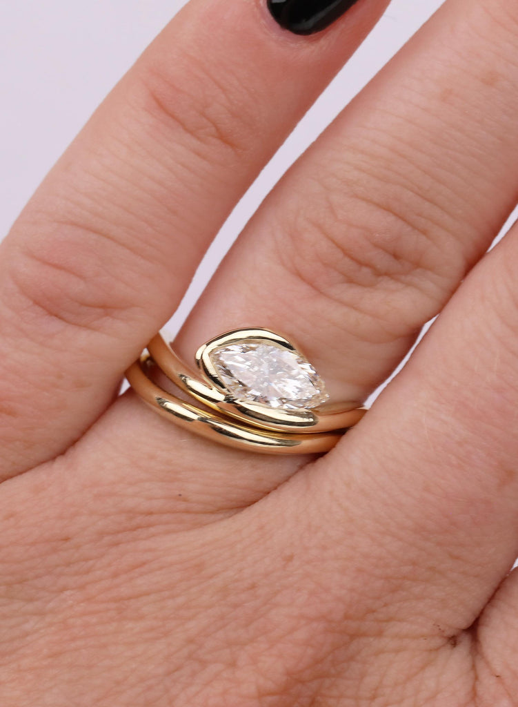 Marquise Cut Moissanite Engagement Ring Set: East West Bezel Set Solitaire, 14K Yellow Gold Band