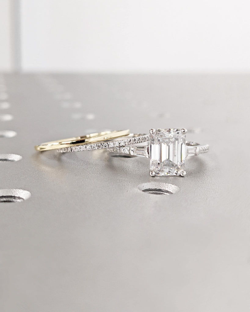 Emerald Cut Moissanite Engagement Ring Set, Side Tapered Baguettes, Micro Pave Full Eternity Wedding Band, 14k Solid Gold Stacking Ring Set image #3