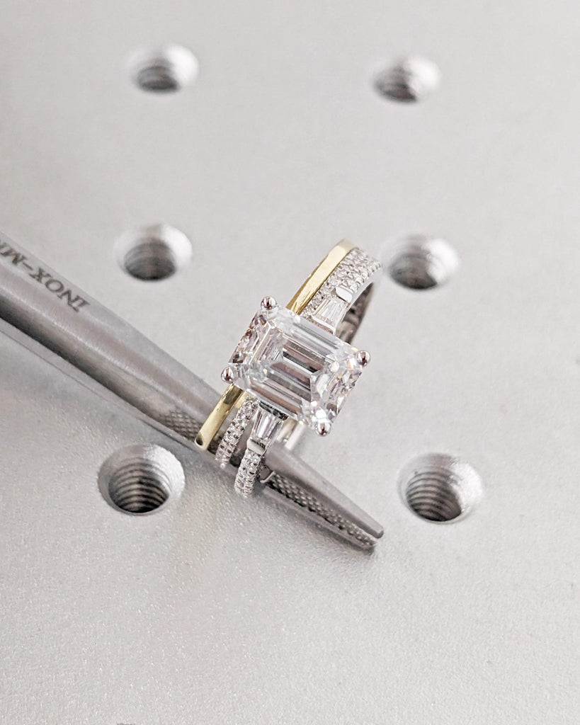 Emerald Cut Moissanite Engagement Ring Set, Side Tapered Baguettes, Micro Pave Full Eternity Wedding Band, 14k Solid Gold Stacking Ring Set image #6