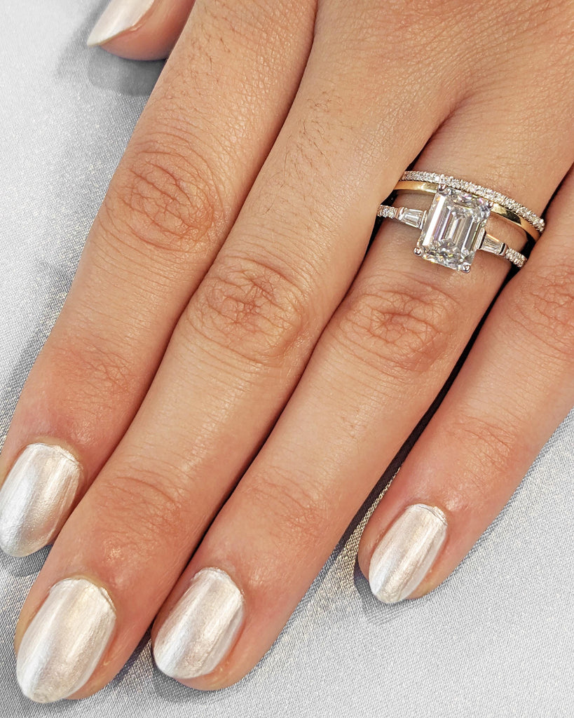 Emerald Cut Moissanite Engagement Ring Set, Side Tapered Baguettes, Micro Pave Full Eternity Wedding Band, 14k Solid Gold Stacking Ring Set image #9