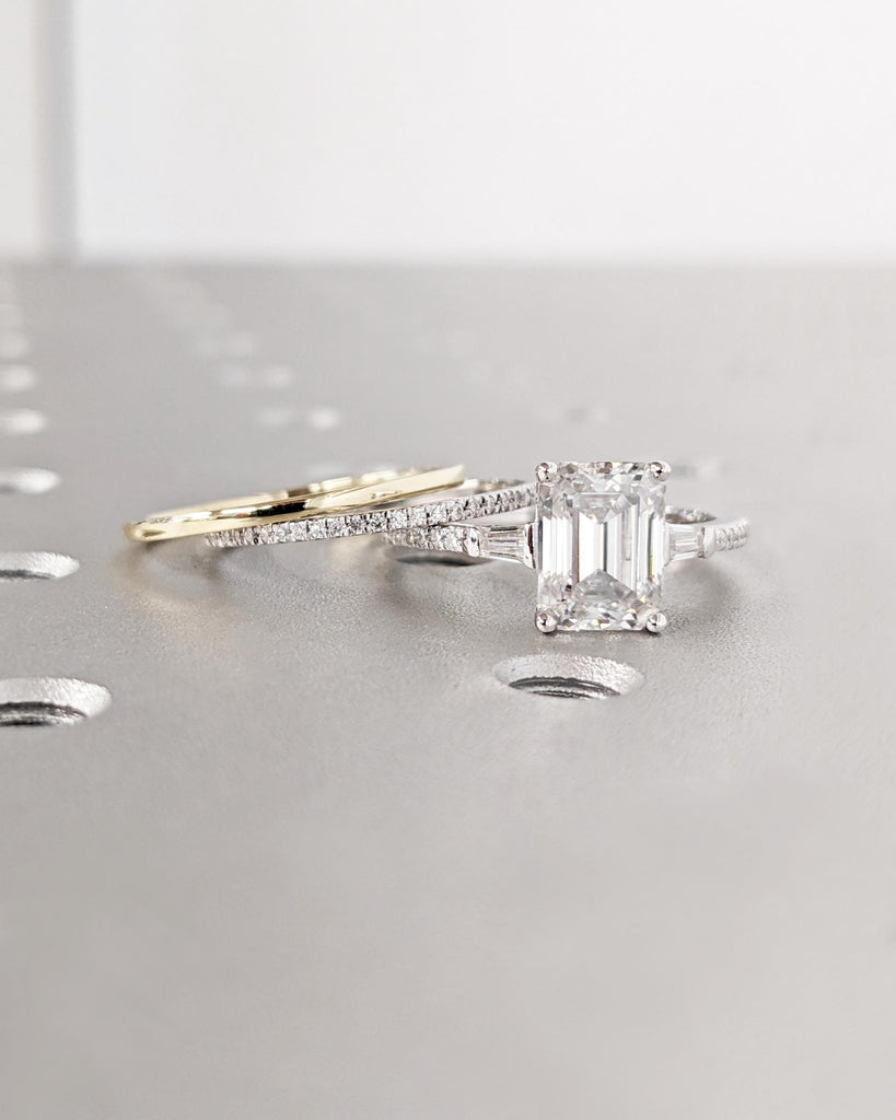 14k Solid Gold Emerald Cut Wedding Ring Set: Lab Grown Diamond Ring, Tapered Baguette Sides, Full Eternity Wedding Band, 3pc Bridal Set image #1