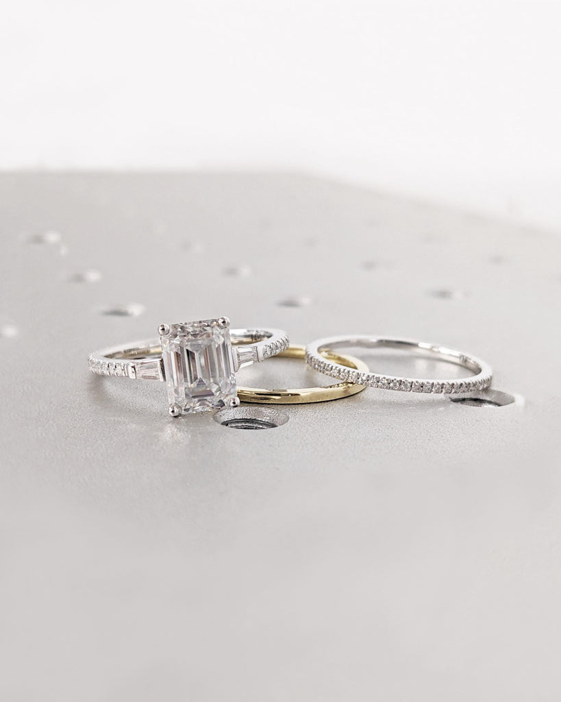 Emerald Cut Moissanite Engagement Ring Set, Side Tapered Baguettes, Micro Pave Full Eternity Wedding Band, 14k Solid Gold Stacking Ring Set