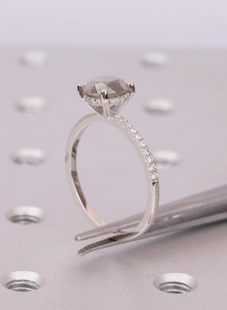 1930s Salt and Pepper Diamond Ring, Round Art Deco Engagement Ring, White Gold Diamond Hidden Halo Ring, Half Eternity Vintage Bridal Band