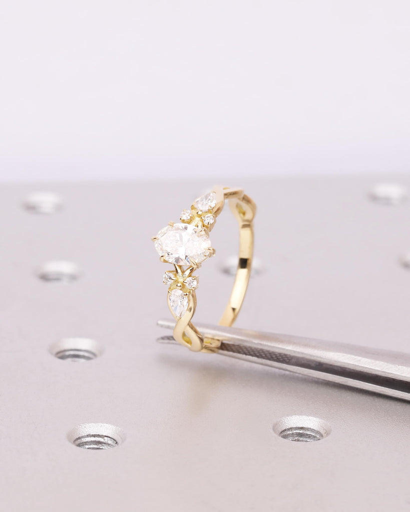 Oval Lab Diamond Engagement Ring, 3/4 Eternity Twisted Bridal Ring, Gold Promise Ring, Vintage Engagement Ring, IGI Certified image #1