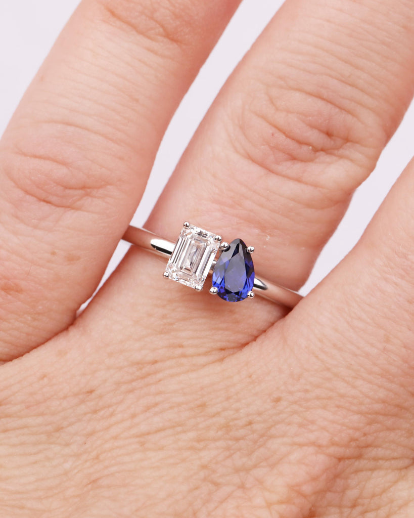 Toi et Moi Engagement Ring: Emerald cut Lab Grown Diamond & Pear cut Blue Sapphire, 14K Solid Gold, Two Stone Ring, You and Me Ring image #2