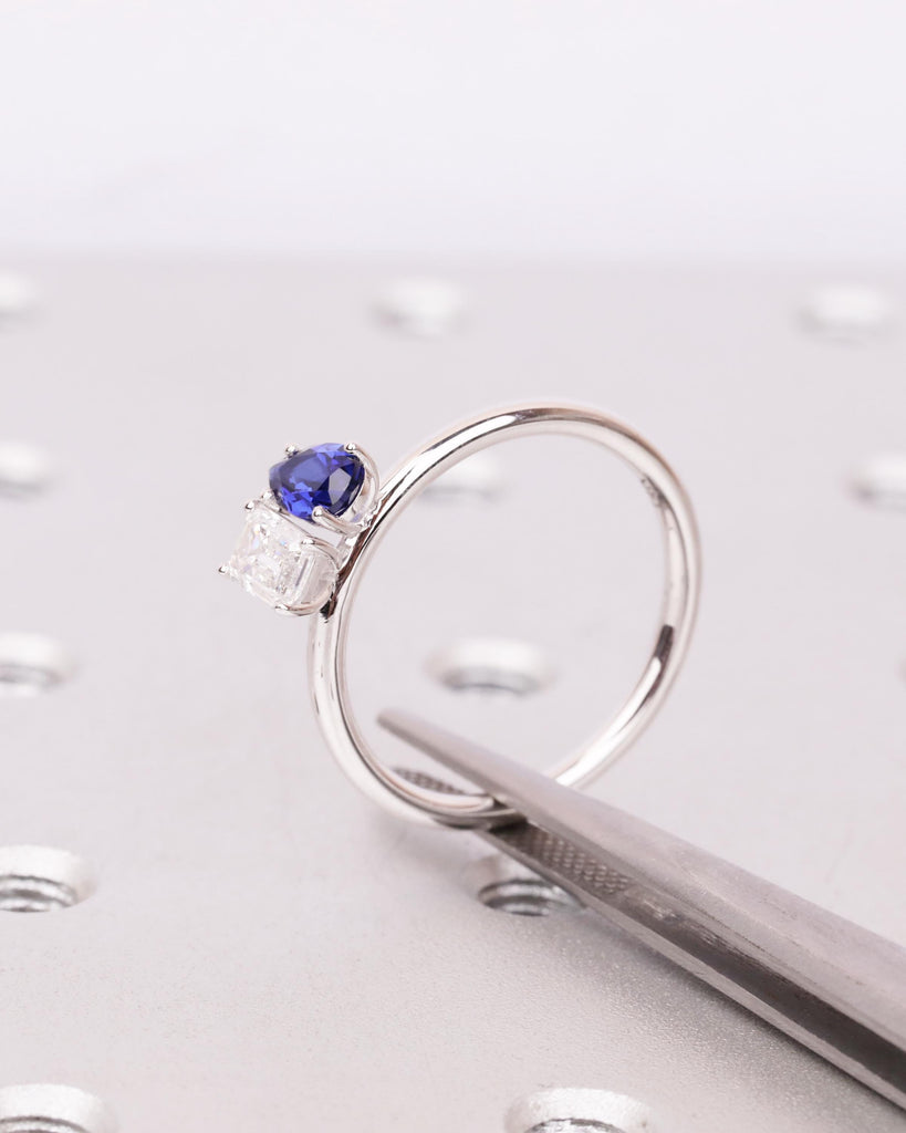 14K Gold Toi et Moi Engagement Ring, Emerald cut Moissanite and Pear shaped Blue Sapphire Two Stone Ring, You & Me Ring, Dainty Promise Ring image #10
