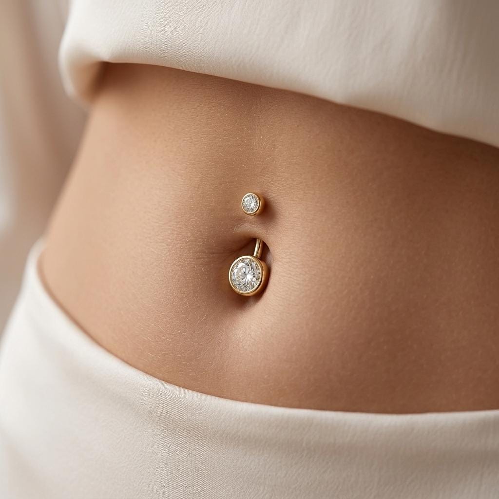 Diamond Belly Button Piercing Jewelry | Solid Gold Belly Ring | Round Bezel set Lab Grown Diamond Navel Ring | Birthday Gift for Her image #2