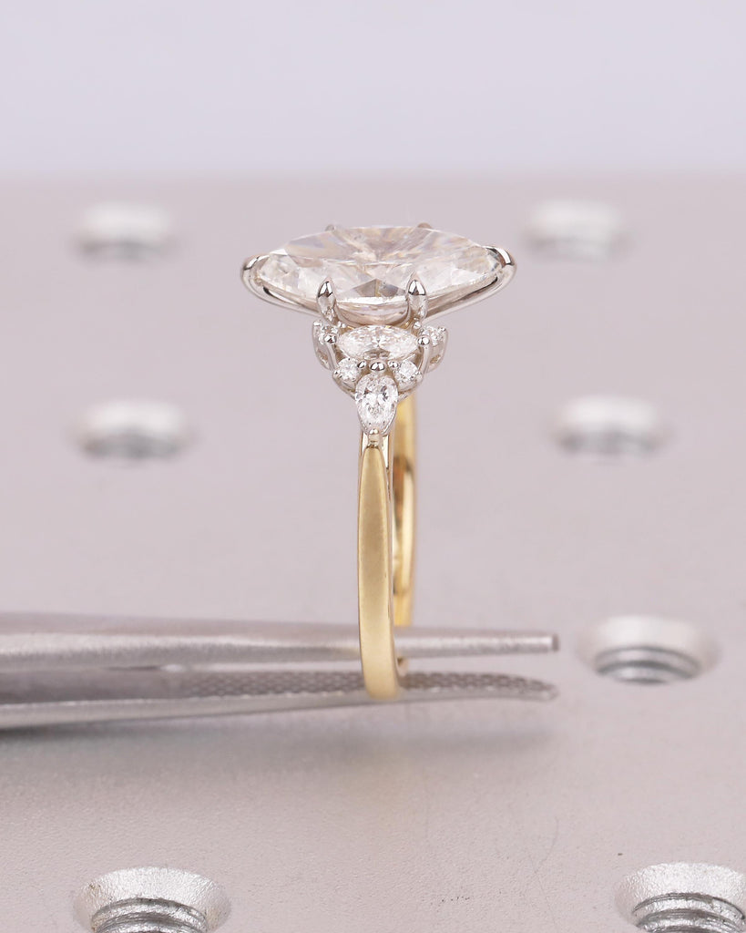 Two Tone Engagement Ring, Marquise Diamond Ring, 18k Solid Gold Promise Ring for Her, Vintage IGI Certified Lab Created Diamond Cluster Ring image #12