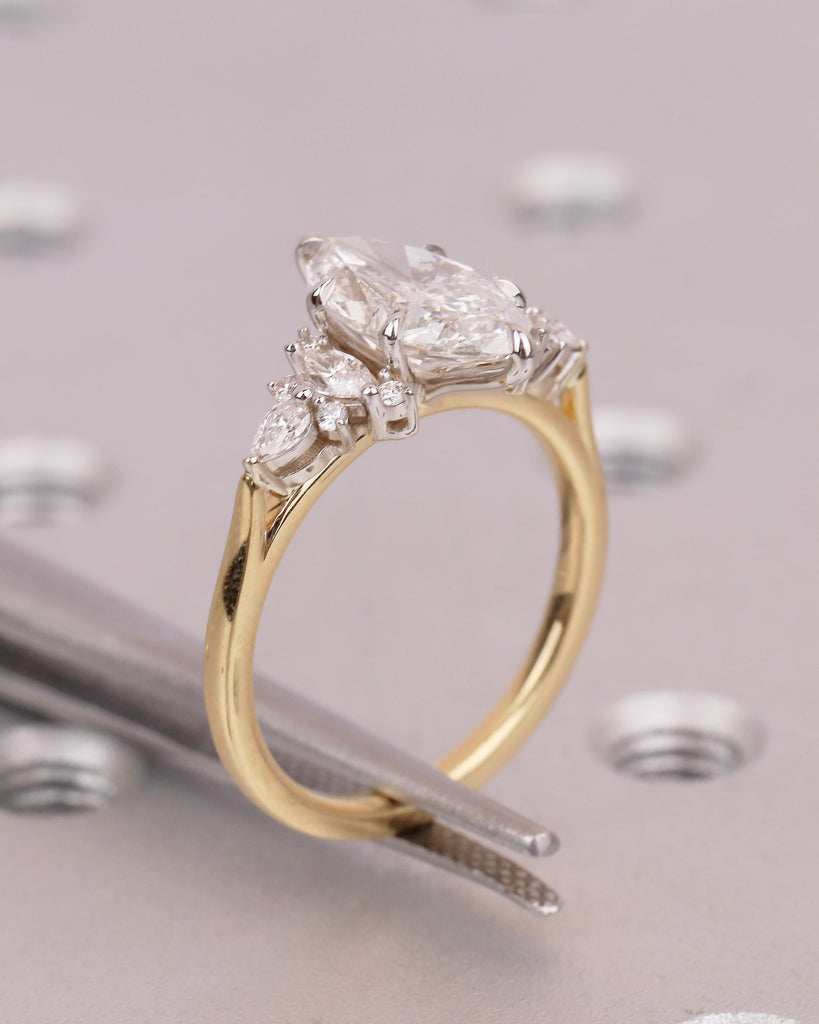 Two Tone Engagement Ring, Marquise Diamond Ring, 18k Solid Gold Promise Ring for Her, Vintage IGI Certified Lab Created Diamond Cluster Ring image #16