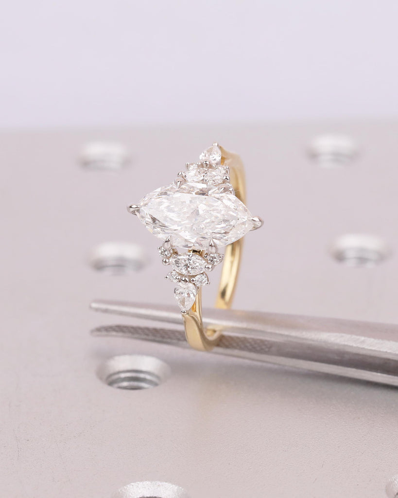 Two Tone Engagement Ring, Marquise Diamond Ring, 18k Solid Gold Promise Ring for Her, Vintage IGI Certified Lab Created Diamond Cluster Ring image #10