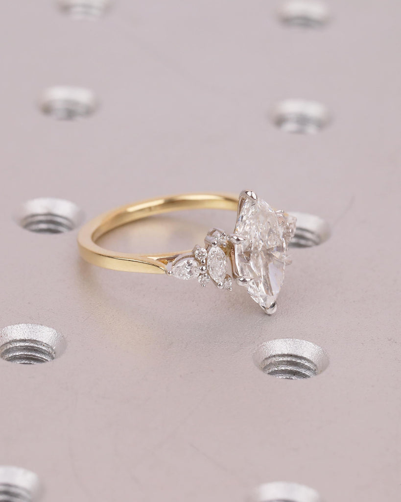 Two Tone Engagement Ring, Marquise Diamond Ring, 18k Solid Gold Promise Ring for Her, Vintage IGI Certified Lab Created Diamond Cluster Ring image #3