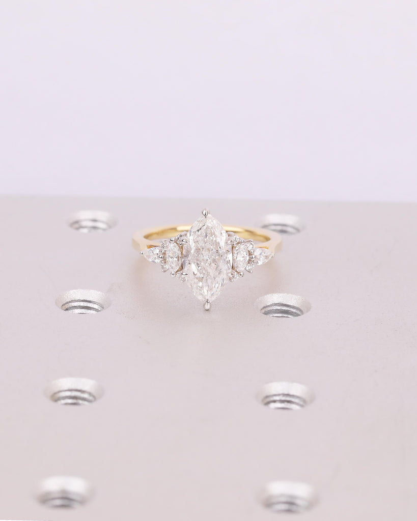 Marquise Lab Grown Diamond Cluster Ring, Two Tone 18k Gold Engagement Ring image #13