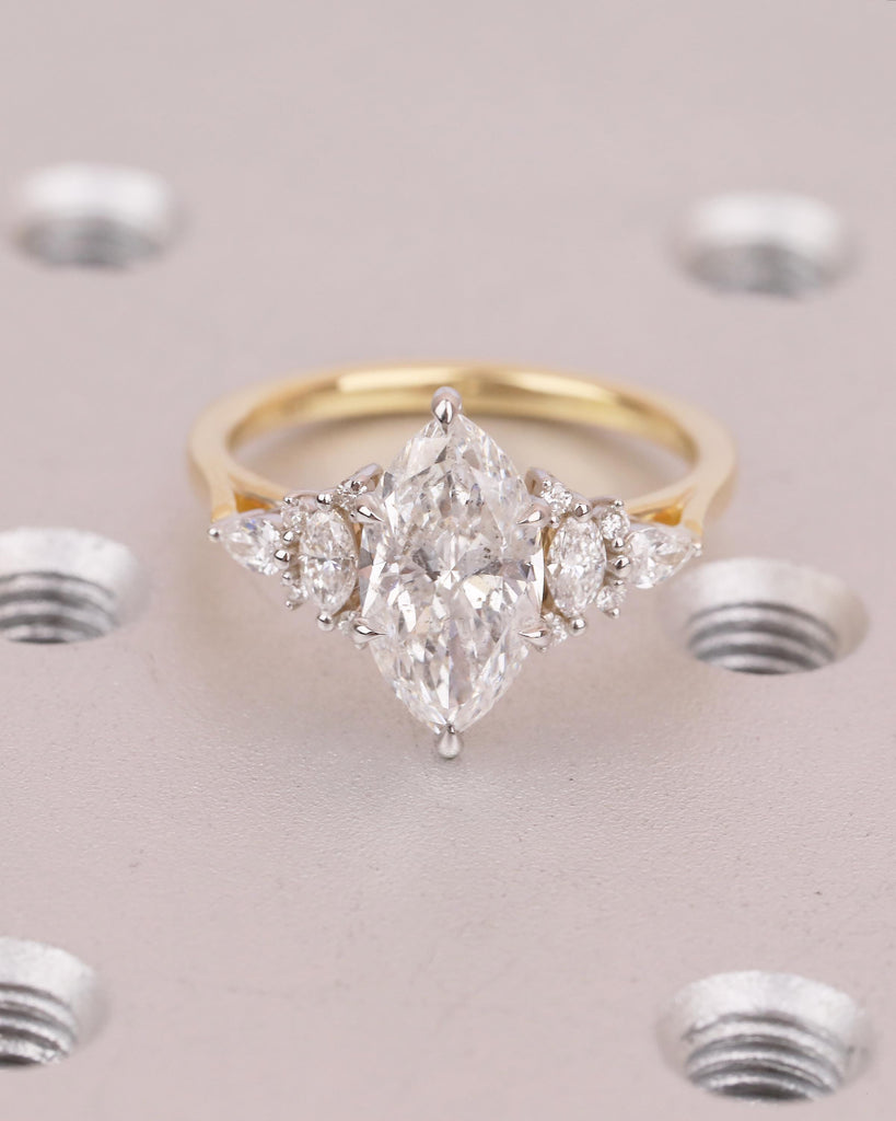 Two Tone Engagement Ring, Marquise Diamond Ring, 18k Solid Gold Promise Ring for Her, Vintage IGI Certified Lab Created Diamond Cluster Ring image #1