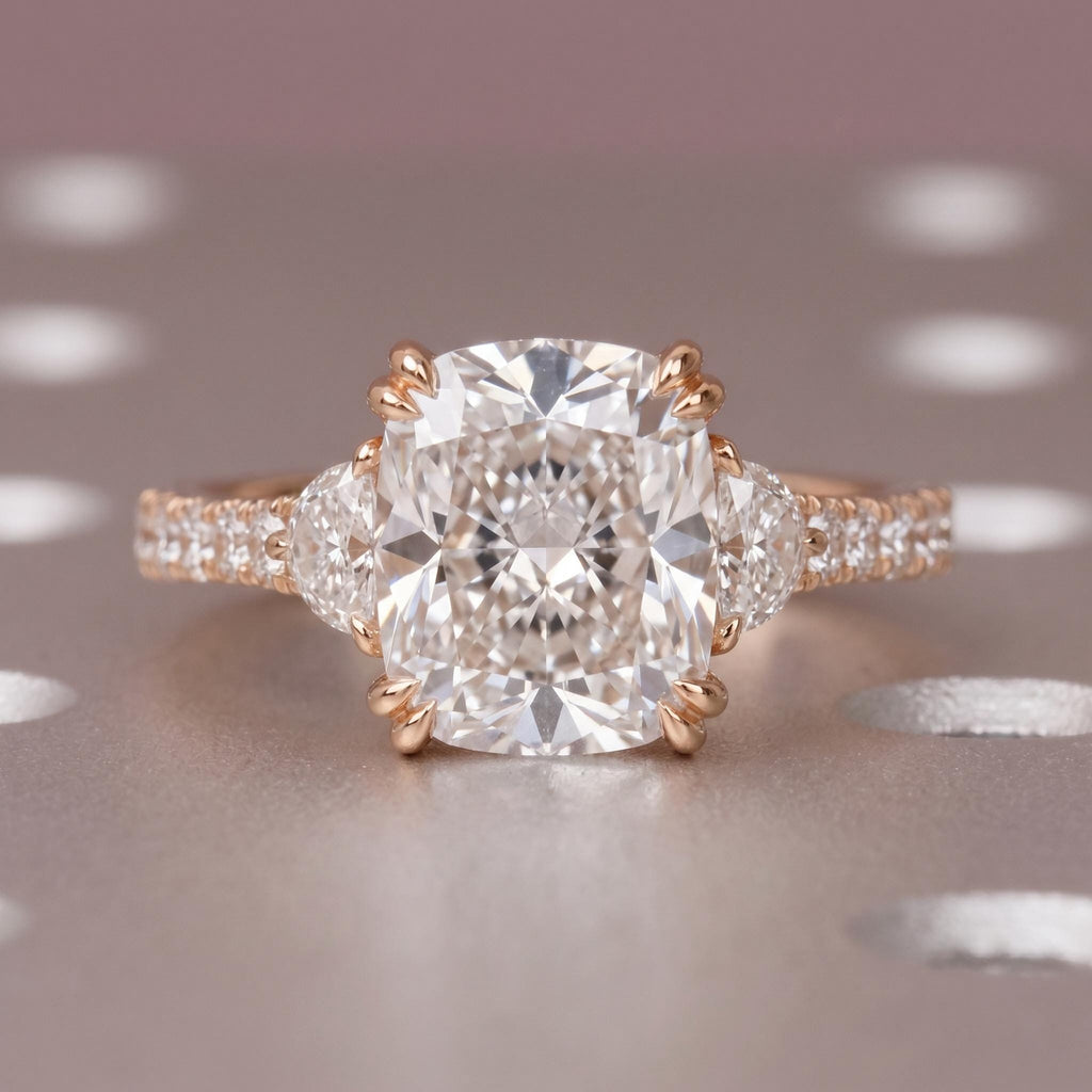 Genuine IGI Lab Created Diamond Ring Custom Diamond Engagement Ring Cushion Half Moon 3 Gem Stone Statement Ring 14k 18k Rose Gold Platinum image #3