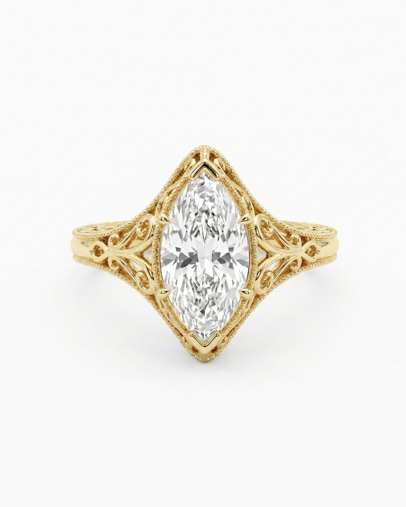 Vintage Style Marquise Moissanite Engagement Ring, 14k Solid Gold Filigree Promise Ring, Marquise Cut Solitaire Ring, Antique Engraved Band