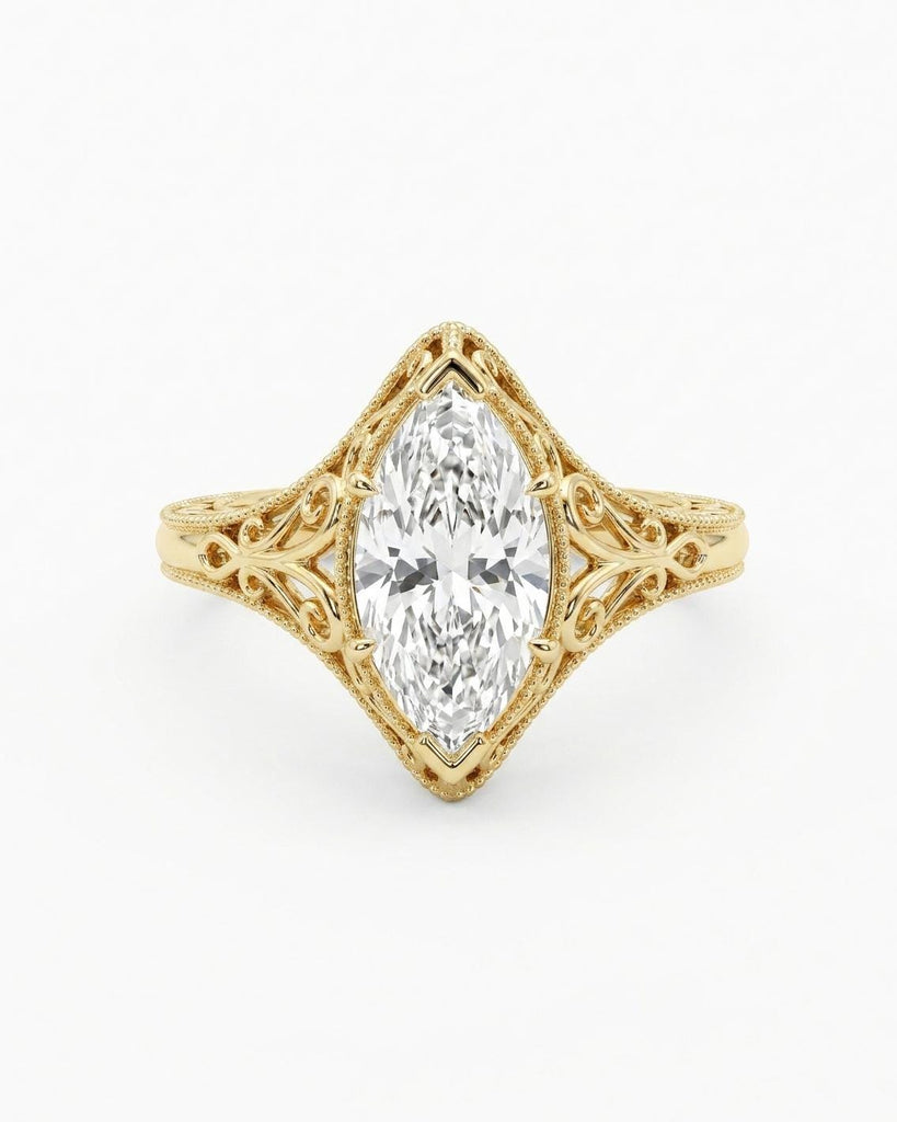 Victorian Style Marquise Engagement Ring, Vintage Filigree Moissanite Ring, 14k Yellow Gold Antique Art Deco Wedding Ring image #3