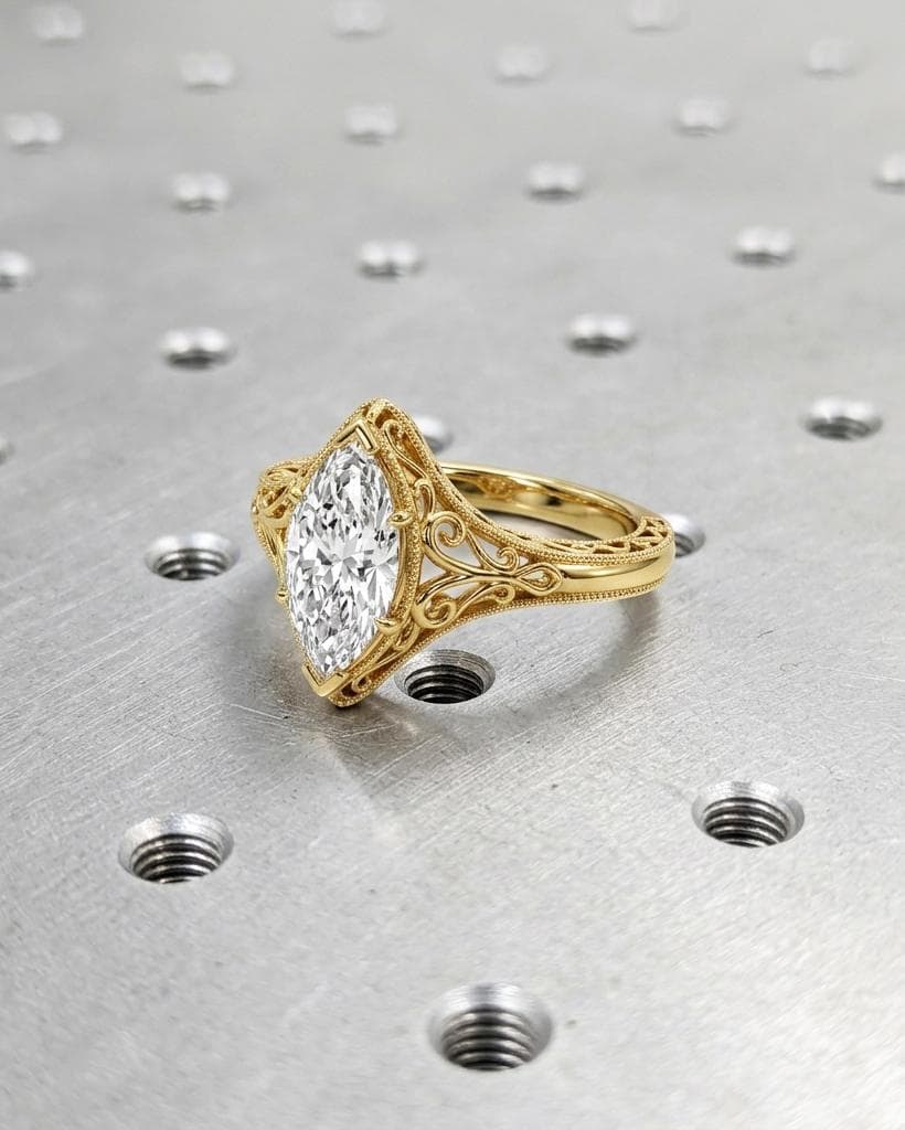 Victorian Style Marquise Engagement Ring, Vintage Filigree Moissanite Ring, 14k Yellow Gold Antique Art Deco Wedding Ring