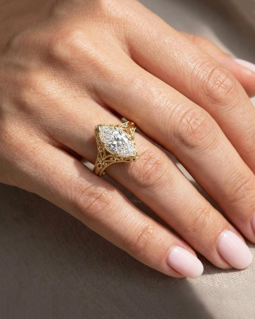 Victorian Style Lab Diamond Ring, Vintage Filigree Marquise Engagement Ring, 14k Yellow Gold Antique Art Deco Wedding Ring