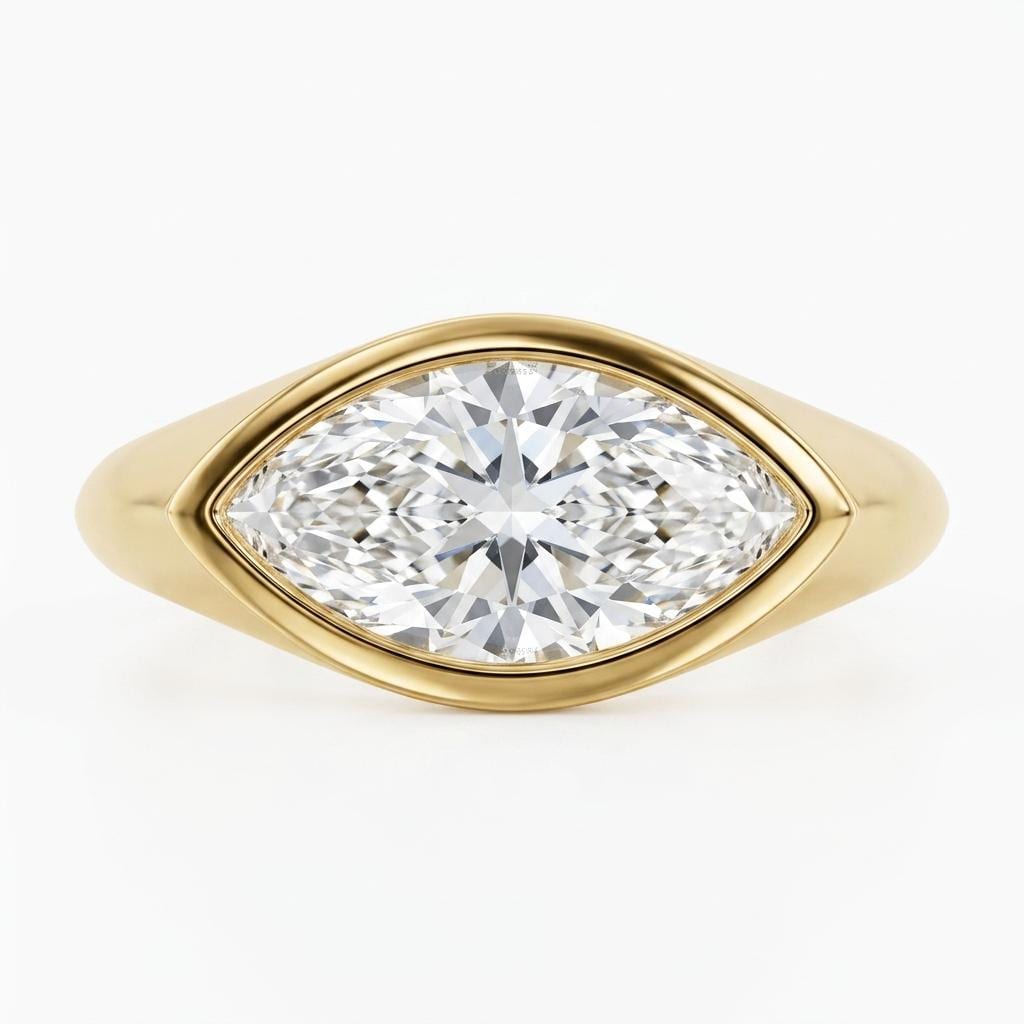 East West Moissanite Signet Ring, Marquise Engagement Ring, 14k Yellow Gold Anniversary Rings, Solitaire Bezel Set Ring, Statement Jewelry image #4