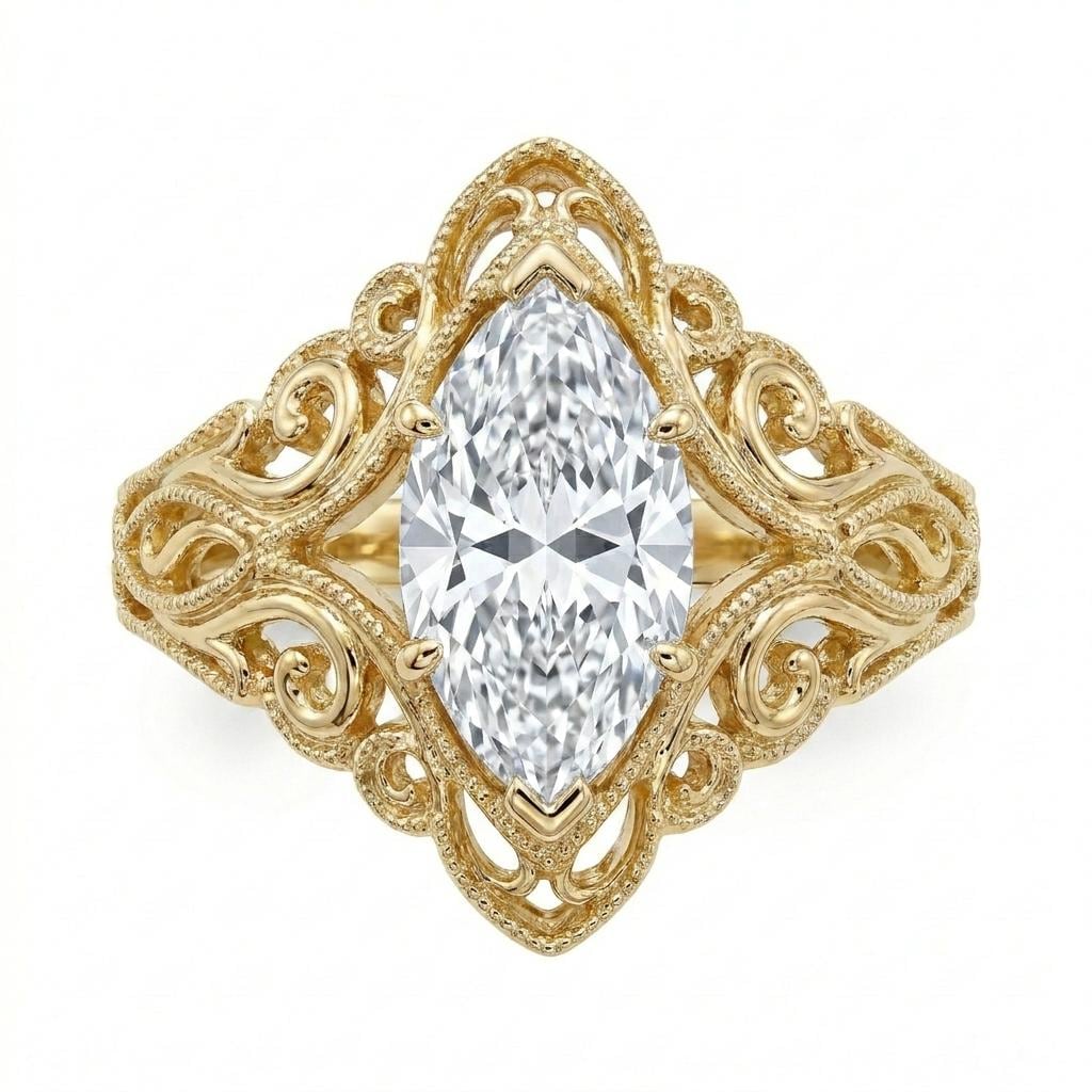Marquise Moissanite Engagement Ring: Vintage Art Deco Solid Gold Filigree (0.5-4ct) image #2
