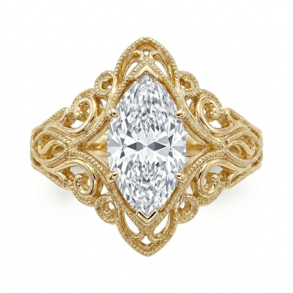 VVS Marquise Moissanite Engagement Ring, Heirloom Quality Filigree 14K 18K Gold or Platinum Alternative Ring, Antique Style Promise Ring