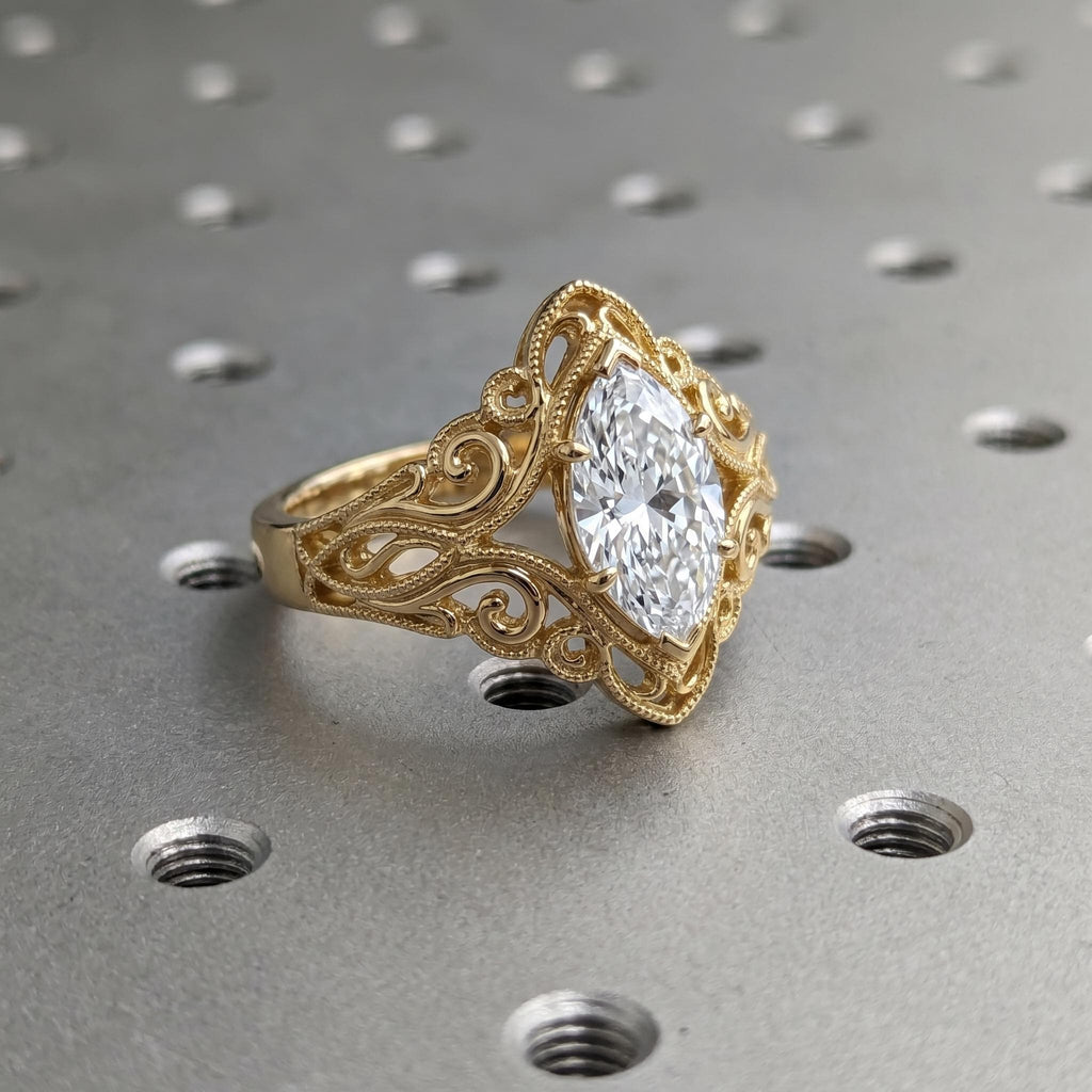 Marquise Moissanite Engagement Ring: Vintage Art Deco Solid Gold Filigree (0.5-4ct) image #7