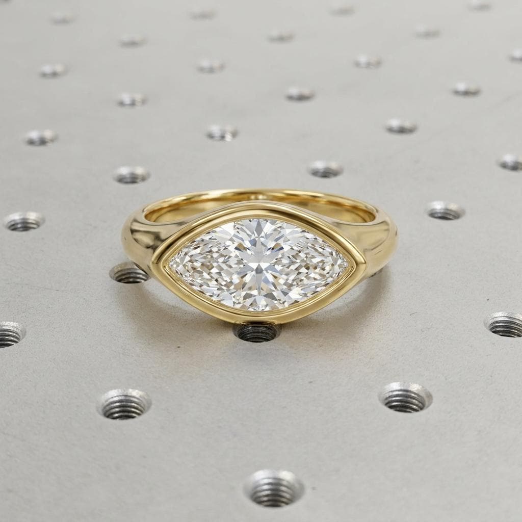 14k Solid Gold East West Ring, Marquise Moissanite Engagement Ring in Bezel Setting image #2