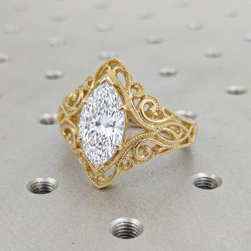 Marquise Moissanite Engagement Ring: Vintage Art Deco Solid Gold Filigree (0.5-4ct)