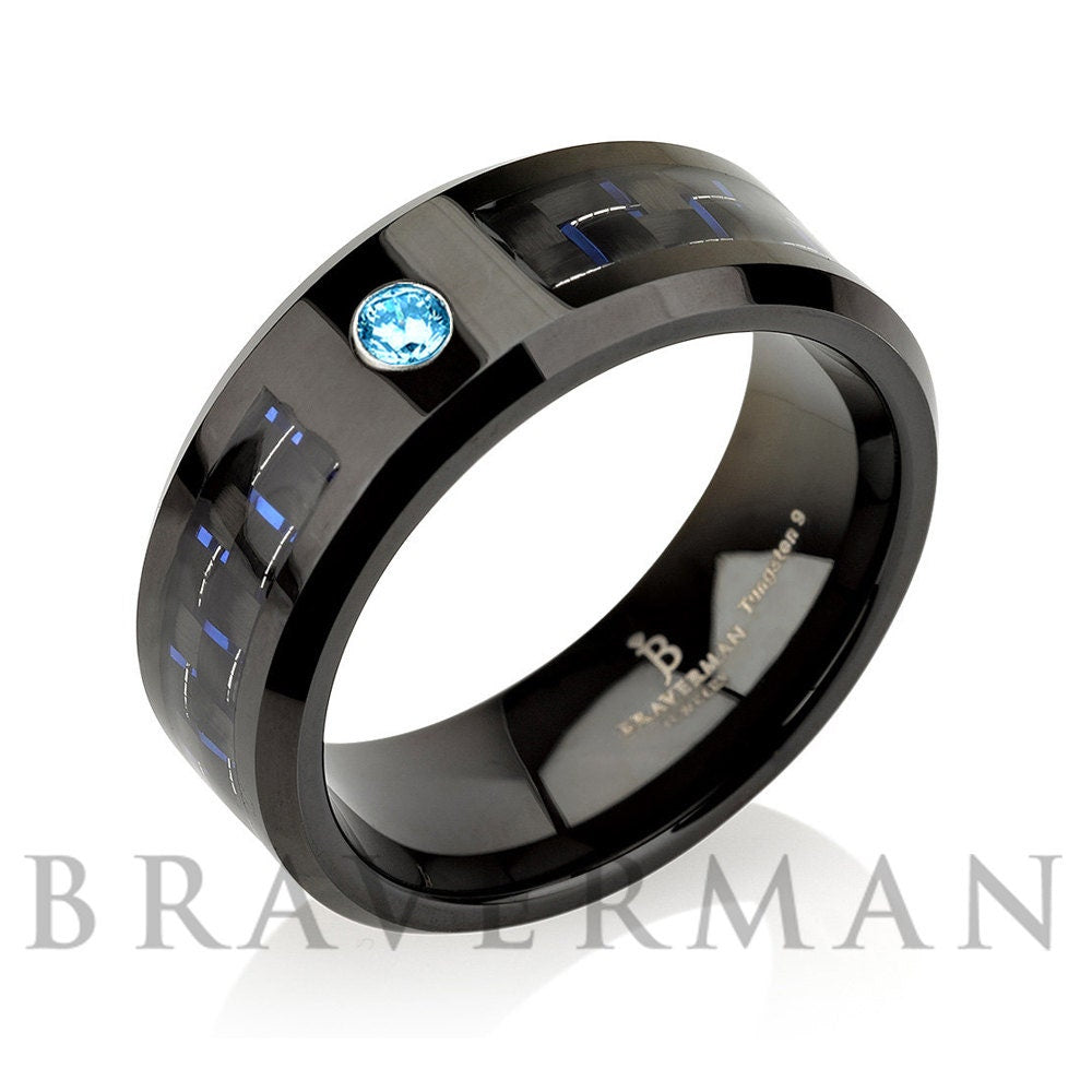 Aquamarine Men Tungsten Wedding Band | 8MM Black Comfort Fit Wedding Ring | March Birthstone Engagement Ring | Birthday Anniversary Gift